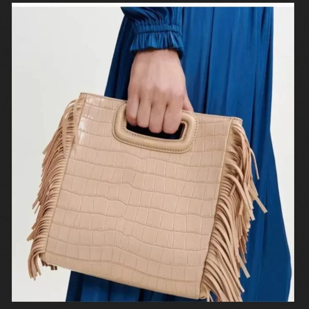 🍦 NWT $360 Maje Ecru Vanilla Leather Croco Fringe Handbag Clutch
